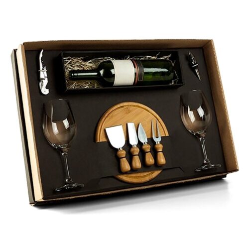Kit Queijo E Vinho Com Espaço Para Garrafa - 9 Peças